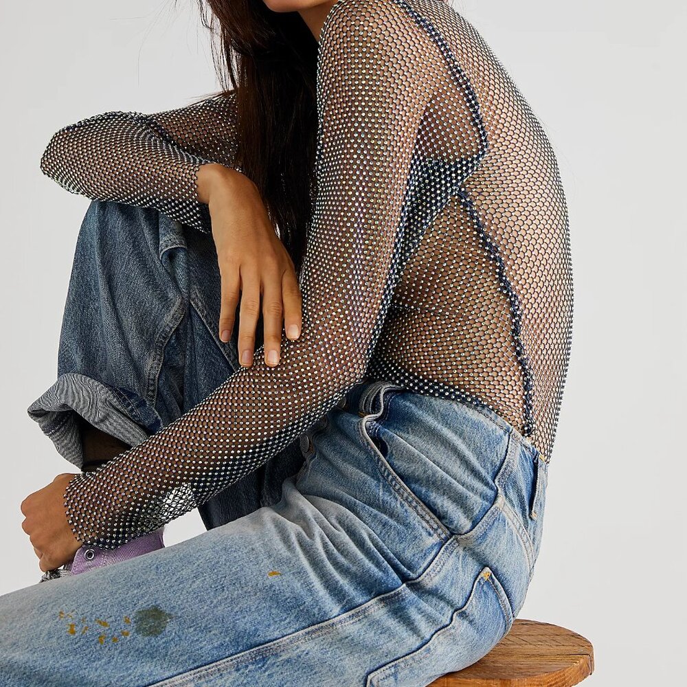 Free People Women's Filter Finish Long Sleeve Top in Navy- Size S- New!